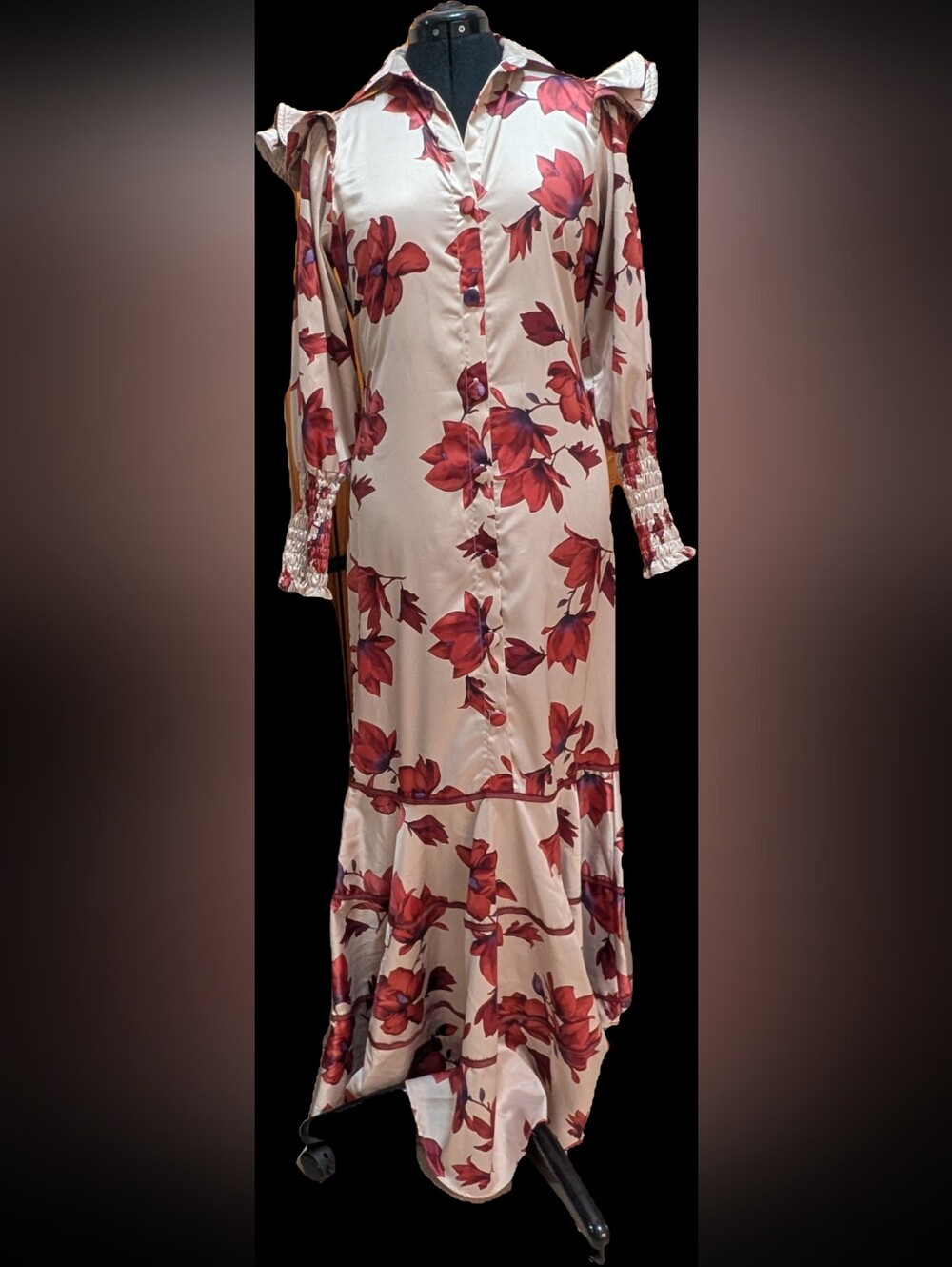 Women's Cream Maxi Dress with Red Floral Print